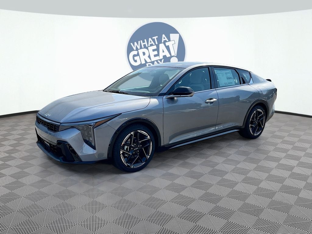 2026 Kia K4 GT-Line in Steel Gray — front three-quarter view