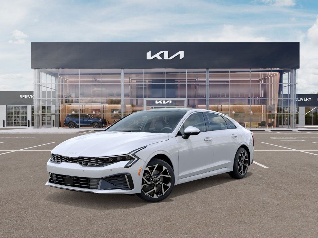 2026 Kia K5 EX in Snow White Pearl — front three-quarter view