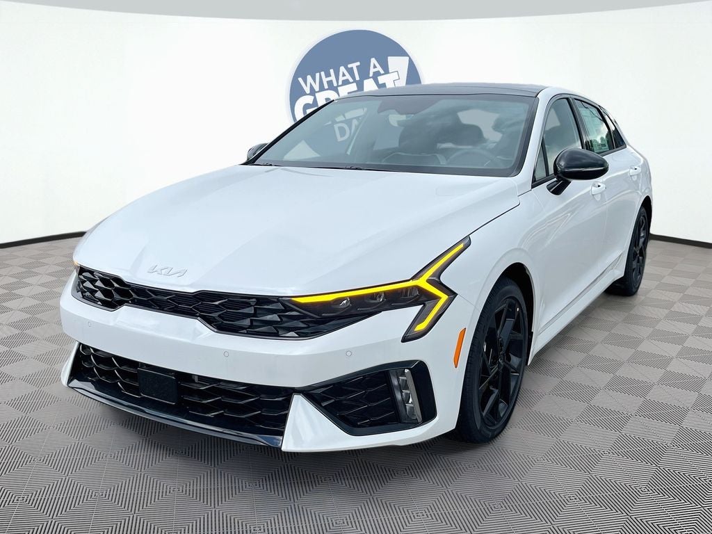 2026 Kia K5 GT-Line in Snow White Pearl — front three-quarter view