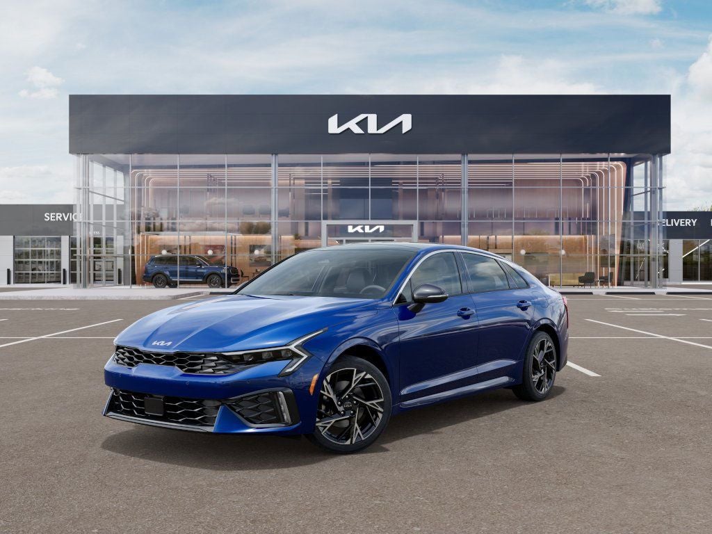 2025 Kia K5 GT-Line in Yacht Blue — front three-quarter view